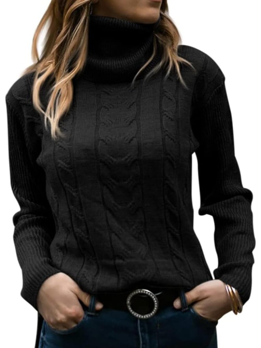 🆕 Women's Black Long Sleeve Cable Knit Turtleneck Cozy Pullover Sweater